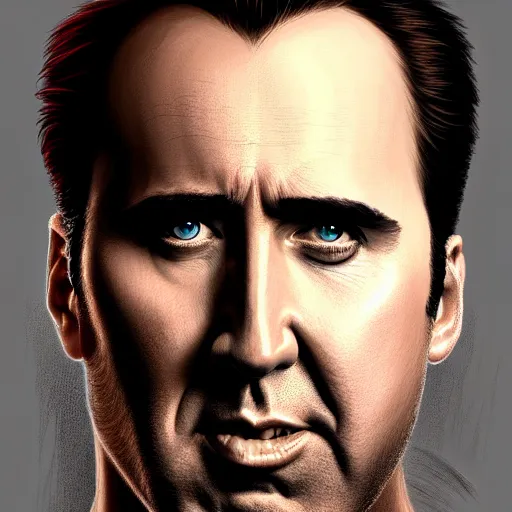 Image similar to upper body portrait of nicolas cage as superman, intricate, elegant, highly detailed, digital painting, artstation, concept art, smooth, sharp focus, illustration, art by artgerm and greg rutkowski and alphonse mucha, award winning, 8 k