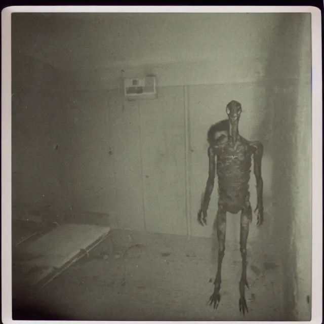 Image similar to found polaroid photo, flash, interior abandoned hospital, mutant creature standing