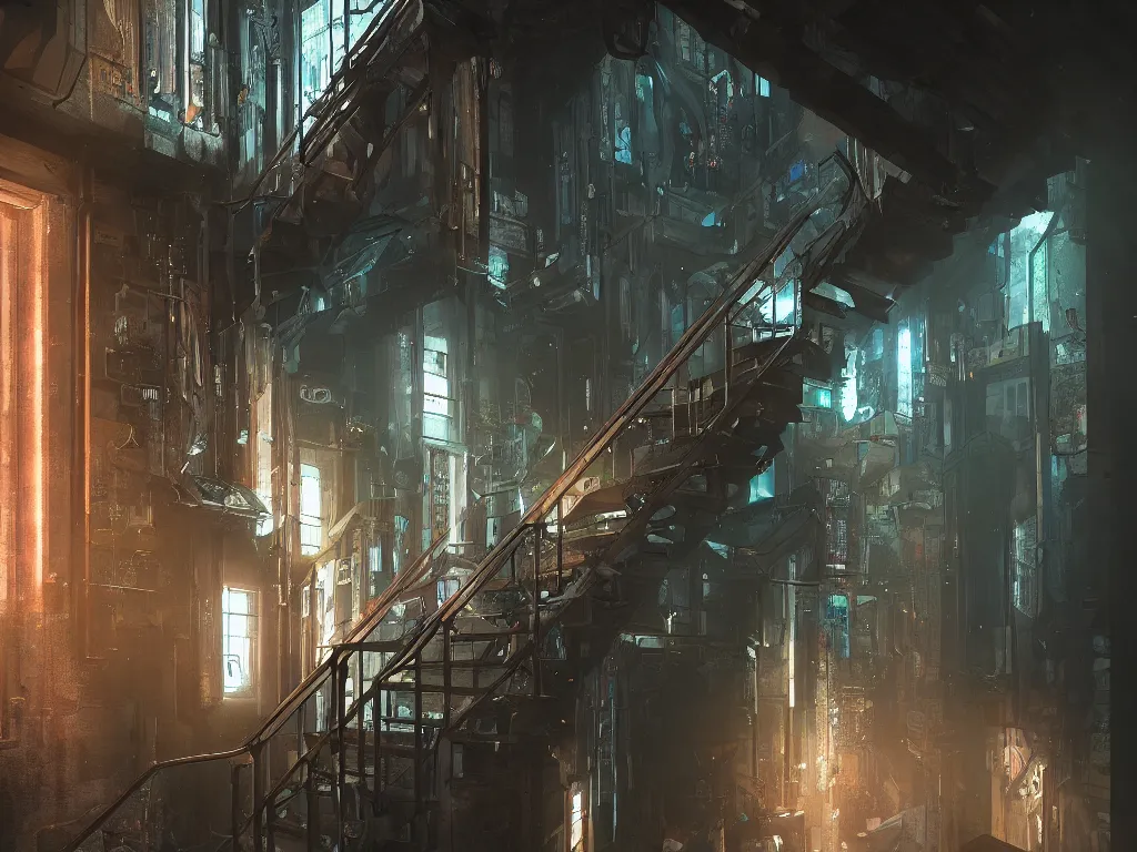 Image similar to a cellar staircase, cyberpunk style, digital painting, concept art, smooth, sharp focus, hyperrealistic, illustration, artstation trending, octane render, unreal engine, ambient light, dynamic lighting, magical, dark vibes, Cyberpunk 2077