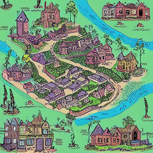 Image similar to “detailed map of a small fantasy town in the style of Mike schley”