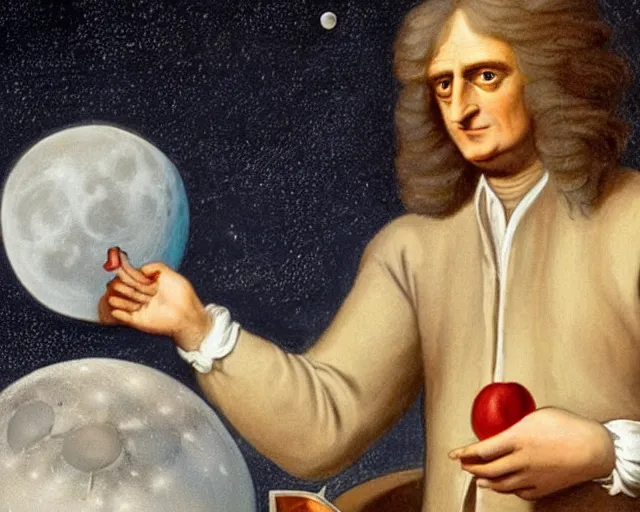 Prompt: isaac newton holding an apple in his hands and looking at the moon