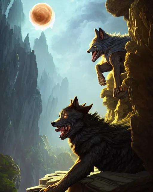 Image similar to werewolf standing on a cliff, backlight, rim lighting, deep focus, d & d, fantasy, intricate, elegant, highly detailed, digital painting, artstation, concept art, matte, sharp focus, illustration, hearthstone, art by artgerm and greg rutkowski and alphonse mucha