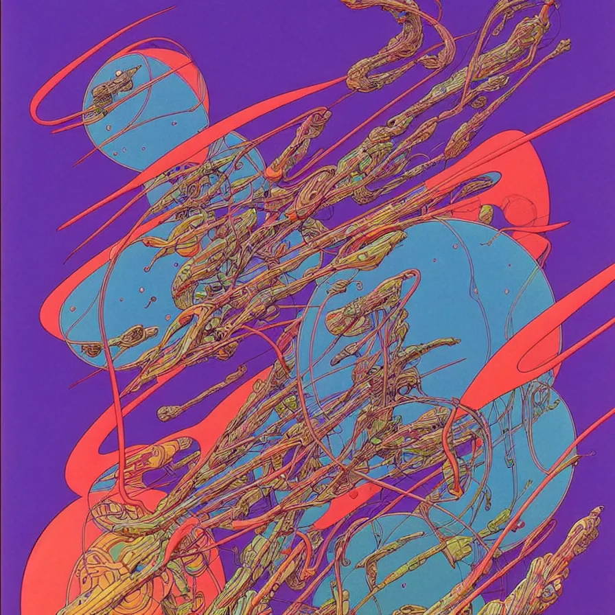 Image similar to ( ( ( ( life ) ) ) ) by mœbius!!!!!!!!!!!!!!!!!!!!!!!!!!!, overdetailed art, colorful, artistic record jacket design