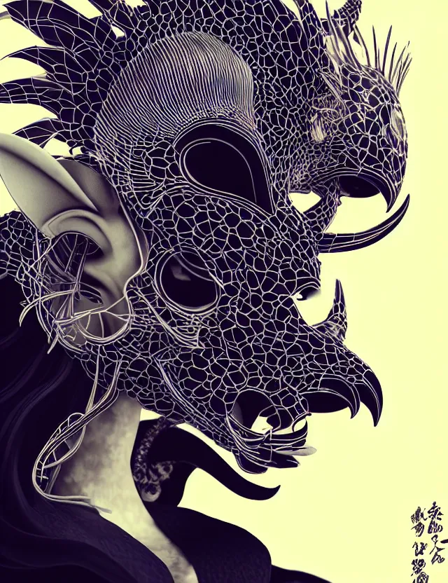 Image similar to 3 d goddess close - up profile simple portrait punk with mohawk with goat skull. beautiful intricately detailed japanese crow kitsune mask and clasical japanese kimono. betta fish, jellyfish phoenix, bio luminescent, plasma, ice, water, wind, creature, artwork by tooth wu and wlop and beeple and greg rutkowski