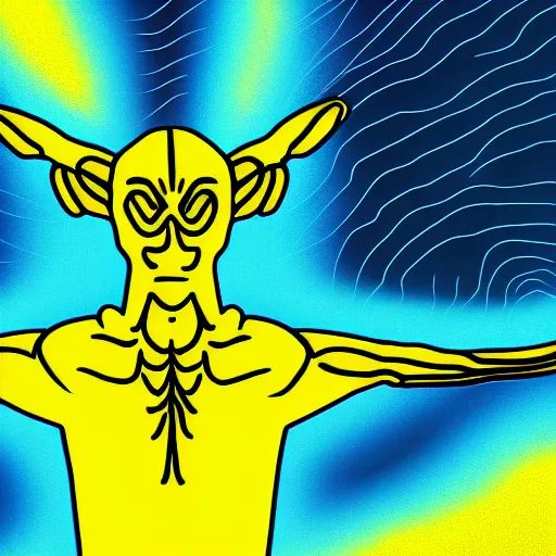 Image similar to human man that resembles a wasp morh in surreal sketch style, blue and yellow gradient, noise, ultrafine detail, hd 8k, logo illustration