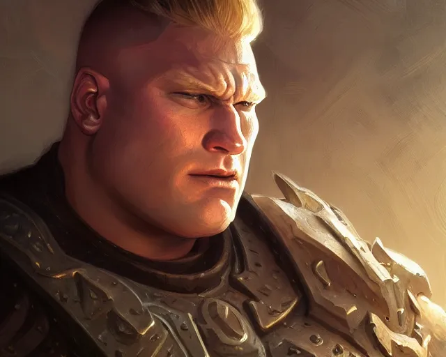 Image similar to close up of brock lesnar, deep focus, d & d, fantasy, intricate, elegant, highly detailed, digital painting, artstation, concept art, matte, sharp focus, illustration, hearthstone, art by artgerm and greg rutkowski and alphonse mucha