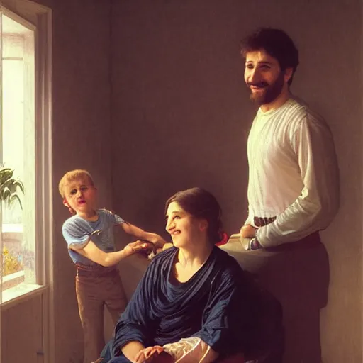 Image similar to a male patient at home with his wife and son standing by. happy, cheerful, smiling, intricate, face enhance, sharp focus, cinematic lighting, sharp focus, featured in artistation, 8 k, art by greg rutkowski, william adolphe bouguereau