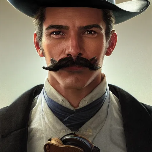 Image similar to Three quarters portrait of a gentleman gunslinger with a moustache, highly detailed, digital painting, art by Stanley Lau and Artgerm and magali villeneuve and Alphonse Mucha, artstation, octane render, cgsociety