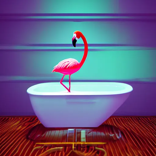 Image similar to flamingo sitting on the toilet, singihg, highly detailed, 4k, green neon lighting