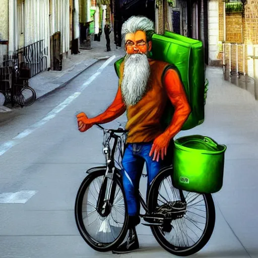 Image similar to a bearded and long haired bicycle food delivery worker with a green bag on his back in ireland, he has boots, by Artgerm, fantasy epic digital art, trending on Artstation