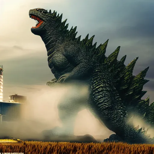 Image similar to godzilla attacking fukushima daiichi unit 4, dramatic lighting