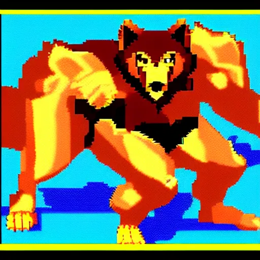 Prompt: full body portrait. 1 6 bit sega graphics. antropomorphic muscular masculine wolf, kickboxer fighter, in shorts. wolf head. furr on body. scysrapers at background. at night. sega game screen