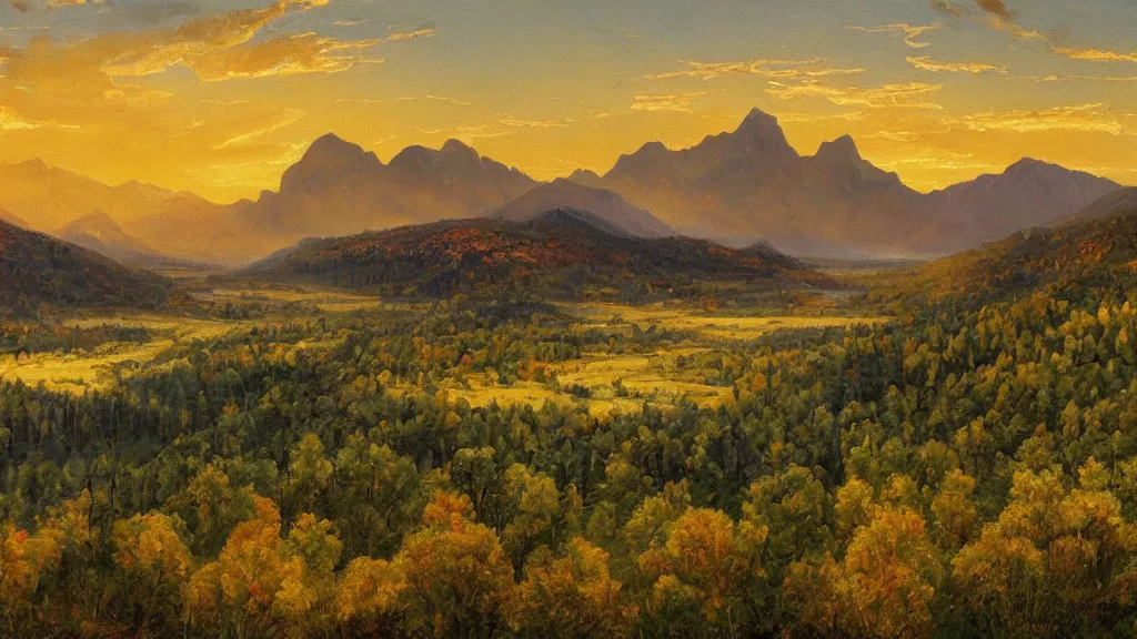 Prompt: The most beautiful panoramic landscape, oil painting, where the mountains are towering over the valley below their peaks shrouded in mist, the sun is just peeking over the horizon producing an awesome flare and the sky is ablaze with warm colors, lots of birds and stratus clouds. The river is winding its way through the valley and the trees are starting to turn yellow and red, by Greg Rutkowski, aerial view