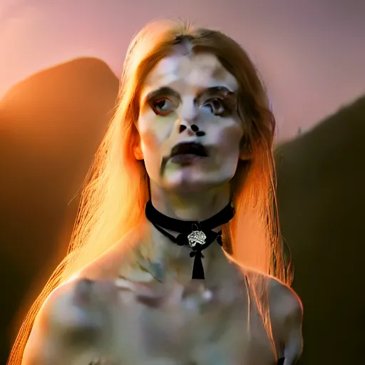 Image similar to photographic portrait of a stunningly beautiful gothic female with choker in soft dreamy light at sunset, god rays, contemporary fashion shoot, by edward robert hughes, annie leibovitz and steve mccurry, david lazar, jimmy nelsson, breathtaking, 8 k resolution, extremely detailed, beautiful, establishing shot, artistic, hyperrealistic, beautiful face, octane render