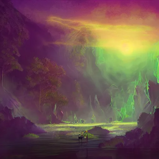 Image similar to landscape of hero with pistol swimming in chromatic SPIRITS in misty mysterious astral temple, beautiful, dmt, trending on artstation, omnious, soft, artwork by Wong, Liam