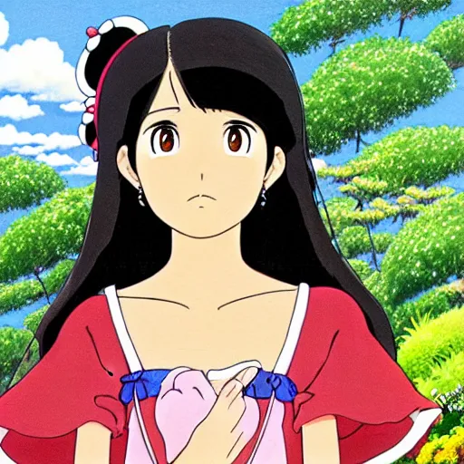 Image similar to beautiful mexican woman, darker tan skin, black hair and brown eyes, studio ghibli art style, art by hayao miyazaki, makoto shinkai