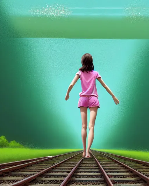 Image similar to a girl dressed in a green shirt and pink shorts walks along train tracks stretching out toward the horizon that are submerged under a few inches of water in a wide pool of water, intricate, elegant, highly detailed, digital painting, artstation, concept art, smooth, sharp focus, illustration, art by artgerm and greg rutkowski and fra angelico