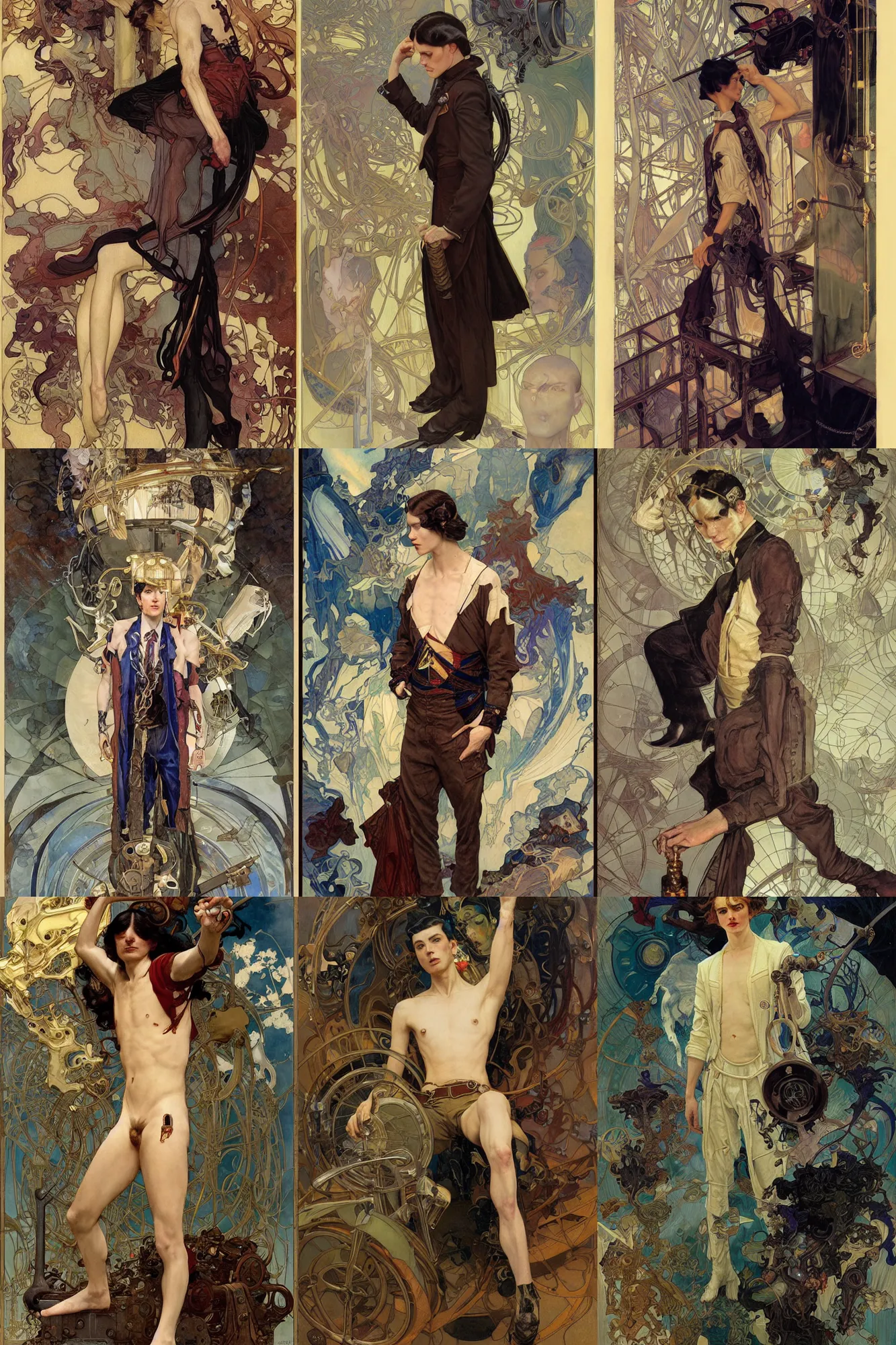 Prompt: thin young male alchemist, long dark hair, 1 9 2 0 s fashion, art by joseph leyendecker, donato giancola, dean cornwell, peter mohrbacher, ruan jia, ayami kojima, cedric peyravernay, alphonse mucha, victo ngai