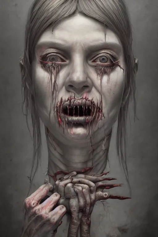 Image similar to surrealism crayon cartoon grunge portrait of a creepy horror nurse girl . intricate artwork. nightmare fuel. terrifying. by zdzisław Beksiński, wlop, dan mumford , trending on artstation, greg rutkowski very coherent symmetrical artwork. cinematic, hyper realism, high detail, octane render, 8k