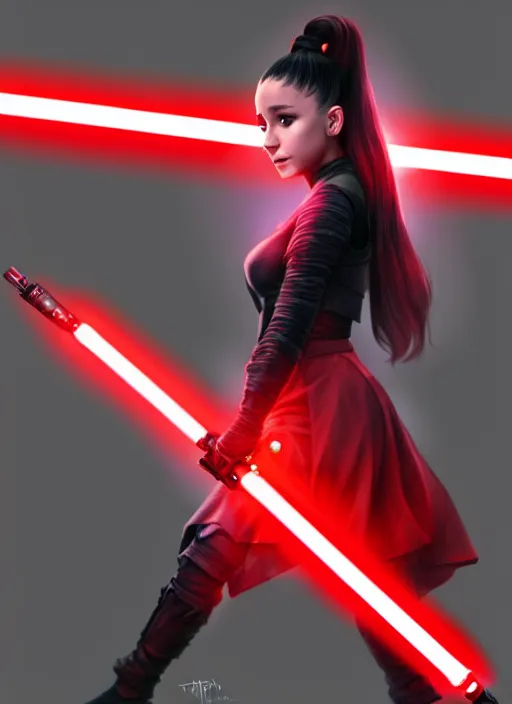 Image similar to Photo of Ariana Grande with a red lightsaber, Star Wars concept art, trending on artstation, dramatic lighting, photo-realistic