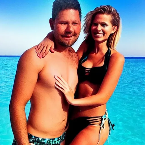 Image similar to photo of a 4 0 year old man that looks young for his age dating a very attractive 2 2 year old woman wearing a bikini. they in their apartment.