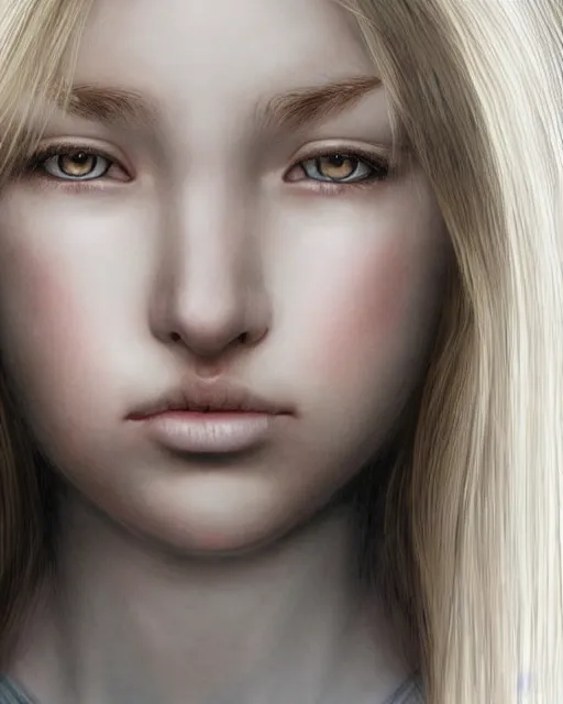 Image similar to portrait of 1 6 - year - old woman with dirty blonde hair down to her waist, pale eyebrows and protuberant silver eyes, wearing white shirt, hyper realistic face, beautiful eyes, character art, art by mark brooks, hyperdetailed, cryengine, trending on artstation, digital art