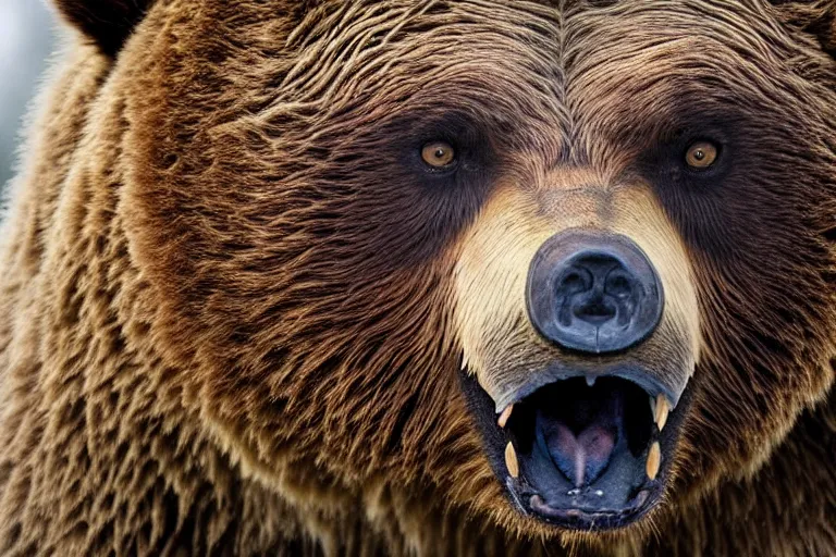 Image similar to wildlife photography of a grizzly bear with the face of an owl by Emmanuel Lubezki