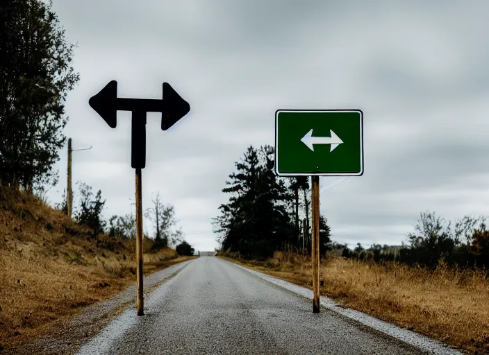 Image similar to photo still of two street signs on a country road shaped like arrows pointing left and right with the words left on one and right on the other, 8 k 8 5 mm f 5. 6