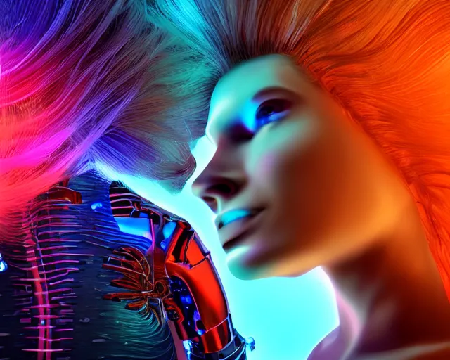 Image similar to glowing hair, complex cybernetic beings, beautiful hairy humanoids, cybermagnetosphere, cybernetic civilizations, ornate hair, love, joy, vortexes, large arrays, data holograms, 8 k, cinematic light shadows, wet hdr refractions, *, * * *, * * * * *