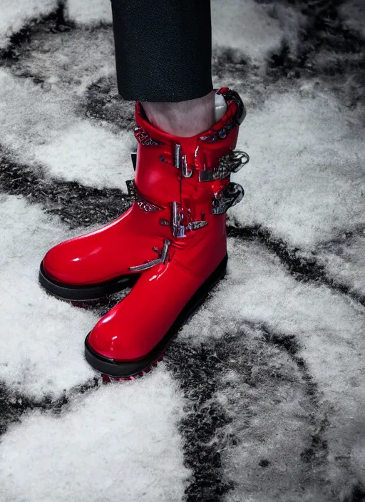 Image similar to hyperrealistic and heavy detailed moncler boots of whole lotta red by playboi carti, leica sl 2 5 0 mm, vivid color, high quality, high textured, real life