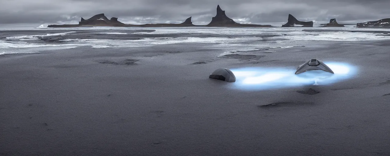 Image similar to cinematic shot of giant symmetrical futuristic military spacecraft landing on an endless black sand beach in iceland with icebergs in the distance, 2 8 mm, shockwave
