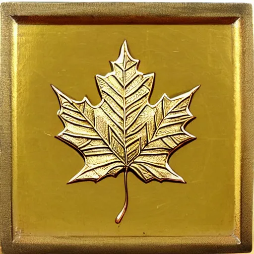 Prompt: ornate engraved carving of a maple leaf in a circular inset on a square gold panel
