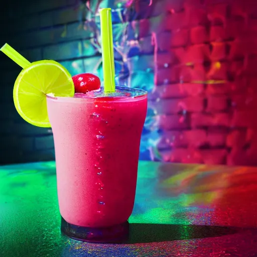 Image similar to cherry limeade smoothie in a big gulp cup, intricate complexity, neon rainbow drip paint, trending on art station, photoreal, surrealist neon drip, 8 k, octane render