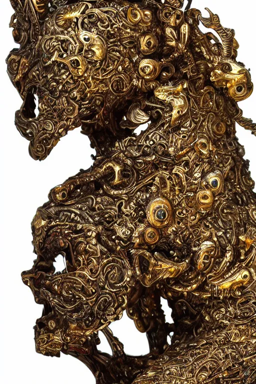 Prompt: a cinematic view of a ornated intricate cat goddess statue made by hedi xandt, realistic, macabre art, stained dried cracked skin, using gold ornaments detailed image