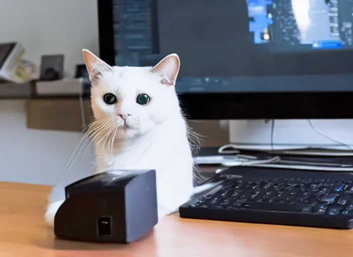 Image similar to a cat in the office using a pc