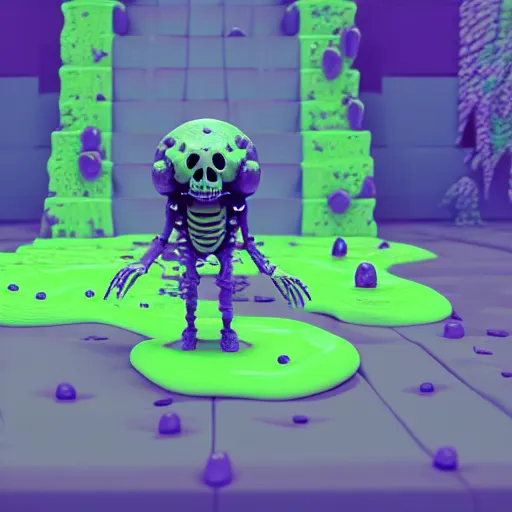 Image similar to slime lord king of the slime universe, skeleton, full body included, wide shot, 1 4 mm lens, f 2. 8, goopy, goop, fluids, soft tissue, subsurface scattering, reflections, ambient occlusion, raytracing, unreal engine 5, pixel art 8 - bit, by beeple