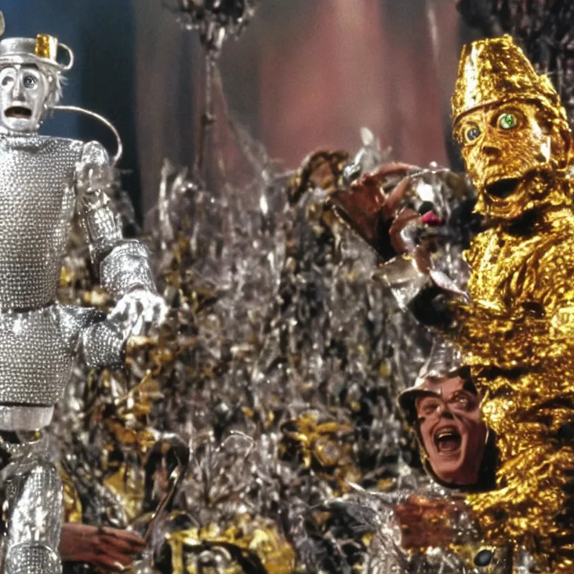 Image similar to a still from a tv commercial for an action figure of happy christopher walken as the tin man from the wiz the movie, singing & dancing, 4 k, highly detailed, award winning, look at all that detail!