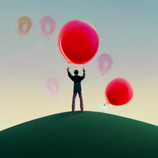 Image similar to a person standing on top of a hill under a bunch of balloons, digital art by RHADS, shutterstock contest winner, digital art, behance hd, photoillustration, whimsical