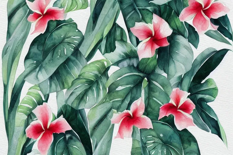 Prompt: watercolor artwork of exotic, elegant tropical prints : : trending on artstation