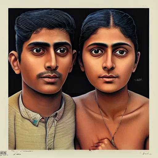 Image similar to perfectly centered symmetrical split male and female portrait of young indian man and woman in love sharing one heart. illustration, highly detailed, simple, no jagged lines, smooth, artstation, artwork by mike worrall