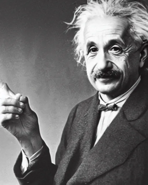 Prompt: an realistic photo of Albert Einstein holding a hand with 7 finders