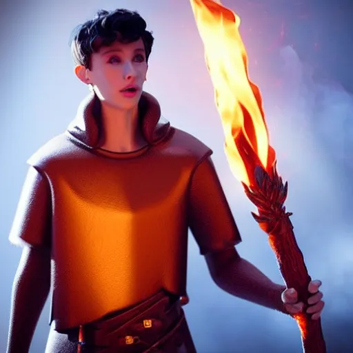 Prompt: Troye Sivan wearing a leather barbarian tunic holding a glowing fire magical staff. Trending on Artstation, octane render, ultra detailed, art by Ross tran