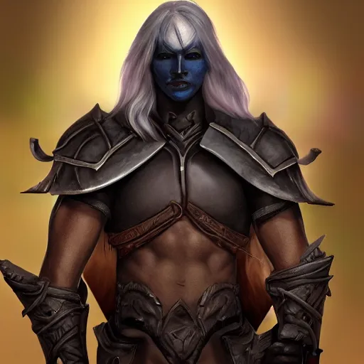 Prompt: intense male drow warrior knight, patchy vitiligo skin, realistic artstation render