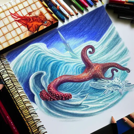 Prompt: coloured pencil drawing of a galion attacked by a giant octopus, rainy day an big waves. d & d, illustration, trending on artstation