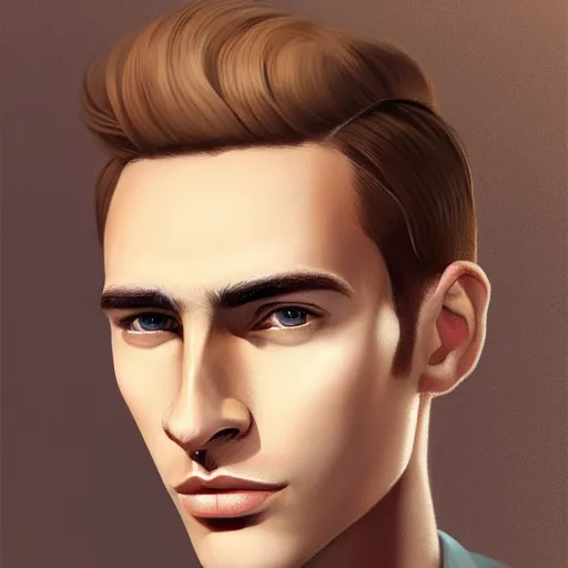 Image similar to tall man in his twenties with brown blond short quiff hair and slightly round facial structure with cleft chin, straight eyebrows and prominent nose, good definition of cheekbones, big hazel nut brown eyes, narrow face, slim body, atmospheric lighting, painted, intricate, 4 k, highly detailed by charlie bowater