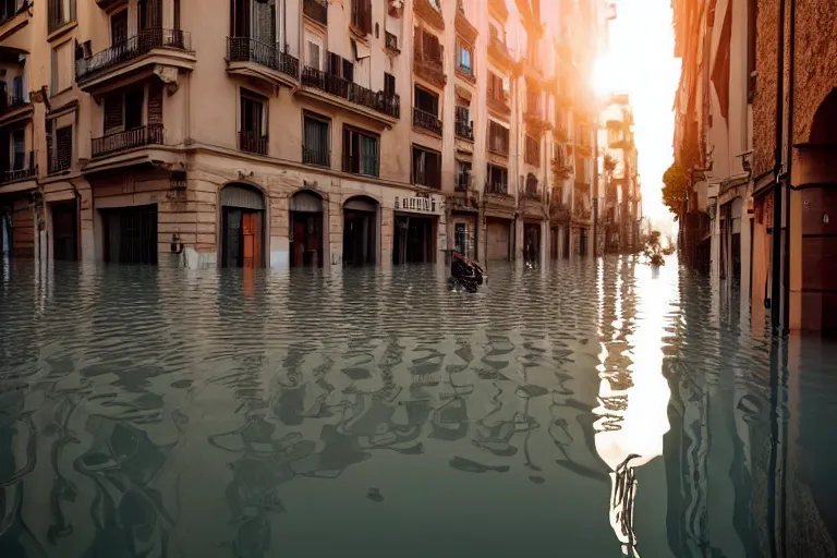 Prompt: views of catastrophic barcelona streets covered with high water, global warming, floating cars, sunset lighting, photo real