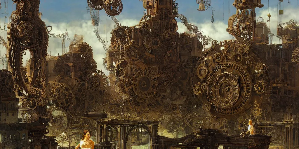 Image similar to giant gears floating in nothingness, clockwork, giant mechanisms, industry, steampunk villages castles, buildings vista artstation illustration sharp focus sunlit vista painted by ruan jia raymond swanland lawrence alma tadema zdzislaw beksinski norman rockwell tom lovell alex malveda greg staples