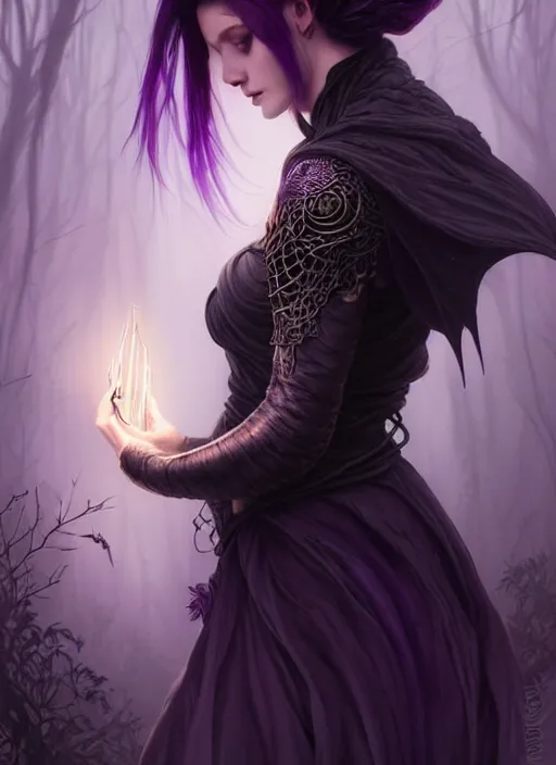 Prompt: side portrait beautiful young female model, witchy outfit large cloak, fantasy forest landscape, dragon scales, fantasy magic, undercut hairstyle, short purple black fade hair, dark light night, intricate, elegant, sharp focus, illustration, highly detailed, digital painting, concept art, matte, art by wlop and artgerm and greg rutkowski and alphonse mucha, masterpiece