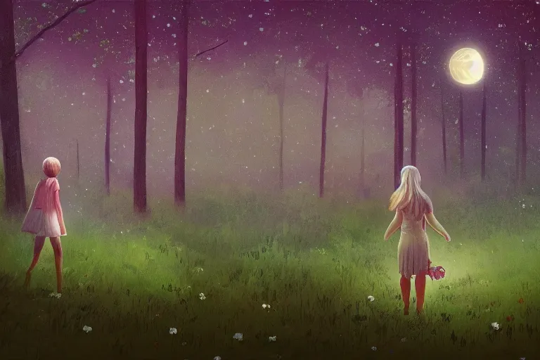 Prompt: large daisy flower over head, girl walking in forest, surreal photography, dark night, stars, moon light, impressionist painting, clouds, digital painting, artstation, simon stalenhag