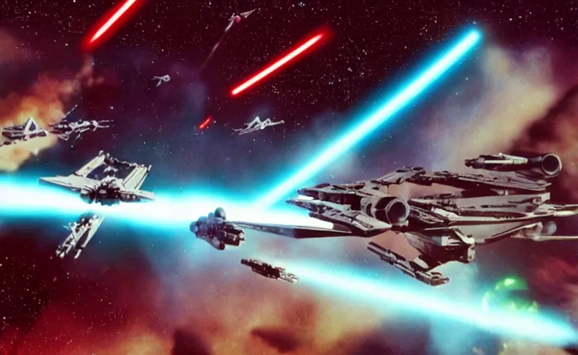 Image similar to iconic cinematic screen shot of scene x wing space battle against new tie fighter desing, from the action packed scene from the 1 9 7 0 s star wars sci fi film by stanley kubrick, glowing lasers, kodak film stock, anamorphic lenses 2 4 mm, lens flare, iconic cinematography, award winning